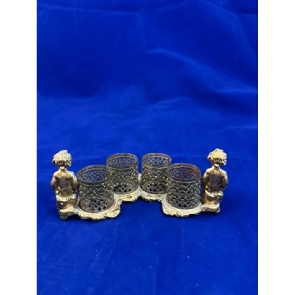 1940s Vintage Gold Tone Lipstick Holder Figural Vanity Organizer Boudoir Decor